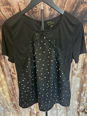 Worthington Black Polka Dot Lace-Trim Short Sleeve Blouse
